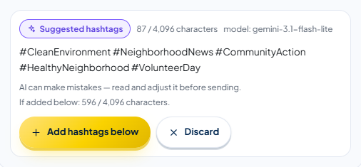 The “Suggested hashtags” box: a few extra hashtags that aren't in the text yet, the count “If added below: … / 4,096 characters.”, and the Add hashtags below and Discard buttons.