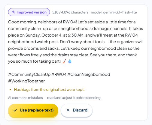 The “Improved version” box from the Improve button: the tidied text with the same meaning, date, and time; the four original hashtags put back with the note “Hashtags from the original text were kept.” There are only the Use (replace text) and Discard buttons.