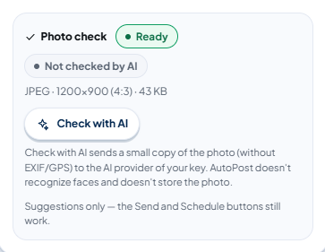 The Photo check panel before using AI: the Ready and Not checked by AI pills, the photo's technical details (for example JPEG · 1200×900 (4:3) · 43 KB), the Check with AI button, and the sentence “Suggestions only — the Send and Schedule buttons still work.”