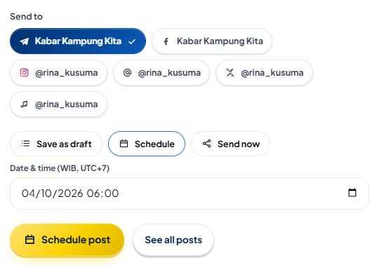 Schedule mode: the Kabar Kampung Kita account is selected under Send to, the Date & time (WIB, UTC+7) field is filled in with October 4, 2026, 06:00 (shown as 04/10/2026 06:00 — the date format follows your device's settings), and the gold button has changed to Schedule post.
