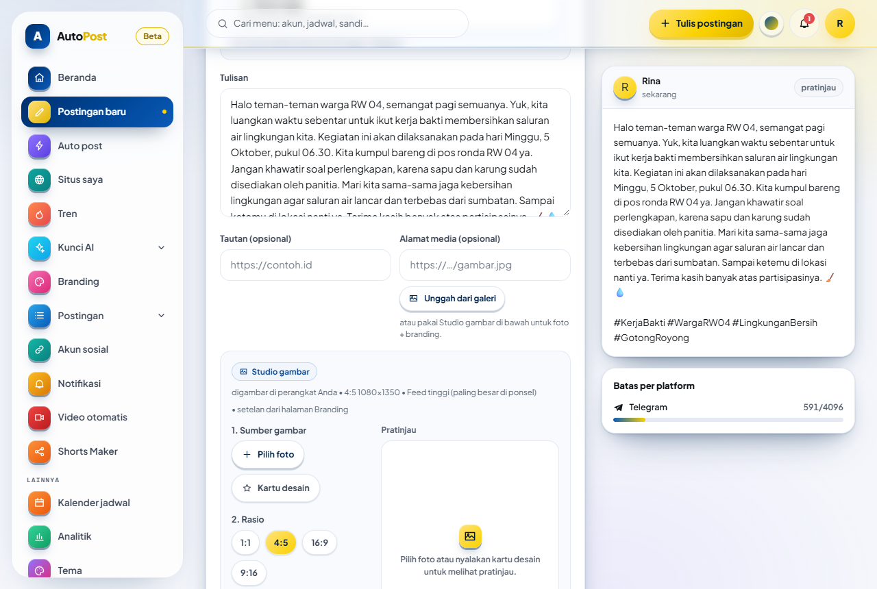 Setelah Pakai (ganti tulisan): tulisan AI masuk ke kolom Tulisan, pratinjau di kanan ikut terisi, dan kartu Batas per platform menghitung hurufnya (misalnya Telegram 591/4096). Di bawahnya tampak Studio gambar.
