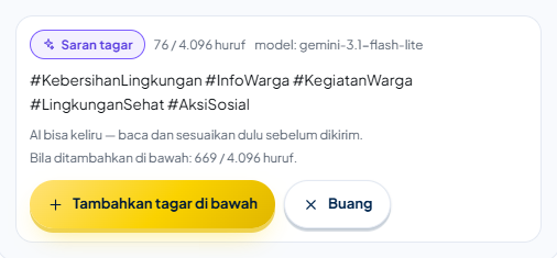 Kotak “Saran tagar”: beberapa tagar tambahan yang belum ada di tulisan, hitungan “Bila ditambahkan di bawah: … / 4.096 huruf.”, serta tombol Tambahkan tagar di bawah dan Buang.