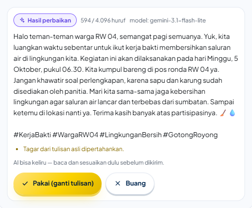 Kotak “Hasil perbaikan” dari tombol Perbaiki: tulisan yang sudah dirapikan dengan makna, tanggal, dan jam yang sama; keempat tagar tulisan asli dipasang kembali dengan catatan “Tagar dari tulisan asli dipertahankan.” Hanya ada tombol Pakai (ganti tulisan) dan Buang.
