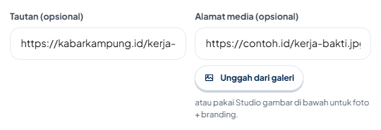 Kolom Tautan (opsional) berisi alamat artikel, dan kolom Alamat media (opsional) berisi tautan langsung ke berkas foto .jpg; di bawahnya tombol Unggah dari galeri dan petunjuk Studio gambar.