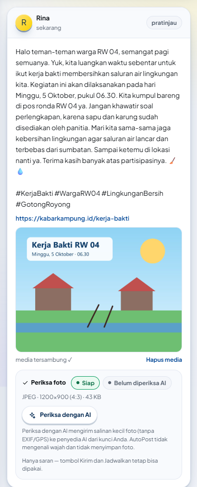 Kartu pratinjau: nama profil “Rina” dan “sekarang”, tulisan lengkap dengan tagar, tautan berwarna biru, foto, “media tersambung ✓” dengan Hapus media, lalu panel Periksa foto.