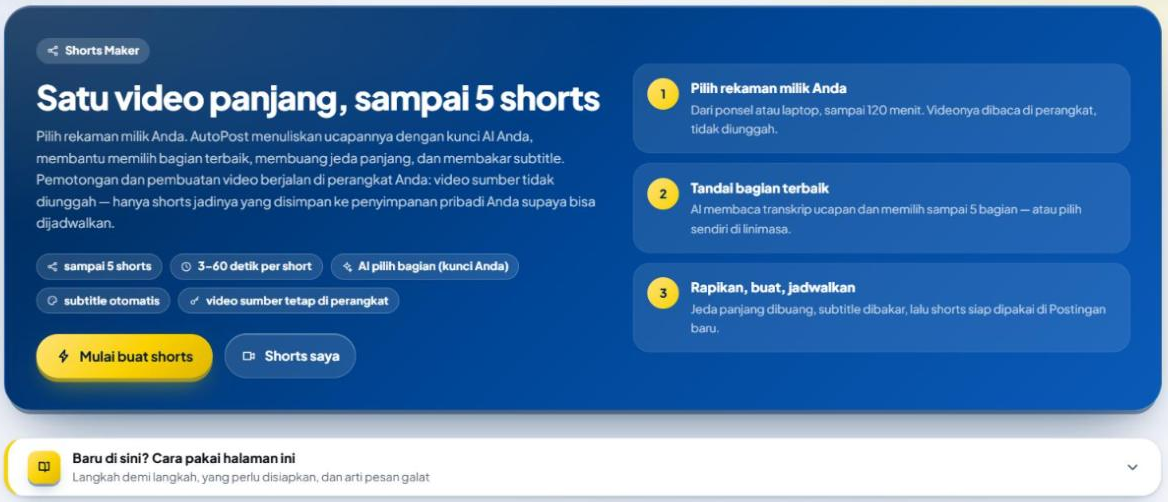 Panel atas halaman Shorts Maker: judul "Satu video panjang, sampai 5 shorts", chip "sampai 5 shorts", "3–60 detik per short", "AI pilih bagian (kunci Anda)", "subtitle otomatis", "video sumber tetap di perangkat", tombol emas "Mulai buat shorts" dan tombol "Shorts saya", tiga langkah bernomor di kanan, serta kotak "Baru di sini? Cara pakai halaman ini".