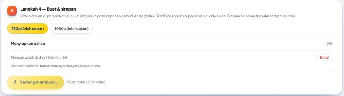 Langkah 4 "Buat & simpan": keterangan "Video dibuat di perangkat ini lalu disimpan ke penyimpanan pribadi Anda (maks. 50 MB per short) supaya bisa dijadwalkan. Biarkan halaman terbuka sampai selesai.", pilihan "720p (lebih cepat)" terpilih dan "1080p (lebih tajam)", kotak kemajuan "Menyiapkan bahan 0%" dengan baris "Mencari wajah di short 1 dari 2… 0%", tombol merah "Batal", dan tombol "Sedang membuat…" dengan keterangan "720p · total ±0:34 video".