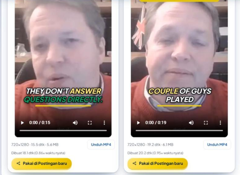 Dua short jadi berdampingan: subtitle desain Tebal dengan kata yang sedang diucapkan berwarna kuning ("ANSWER", "COUPLE") dan kata kunci berwarna hijau ("QUESTIONS DIRECTLY."); di bawahnya "720×1280 · 15.5 dtk · 5.6 MB" dan "720×1280 · 19.2 dtk · 6.1 MB", tombol "Unduh MP4", catatan "Dibuat 18.1 dtk (0.86× waktu nyata)" dan "Dibuat 20.2 dtk (0.95× waktu nyata)", serta tombol emas "Pakai di Postingan baru".