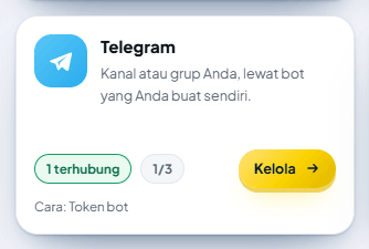 Kartu Telegram: status sambungan, jumlah akun terpakai "1/3", dan tombol Kelola.