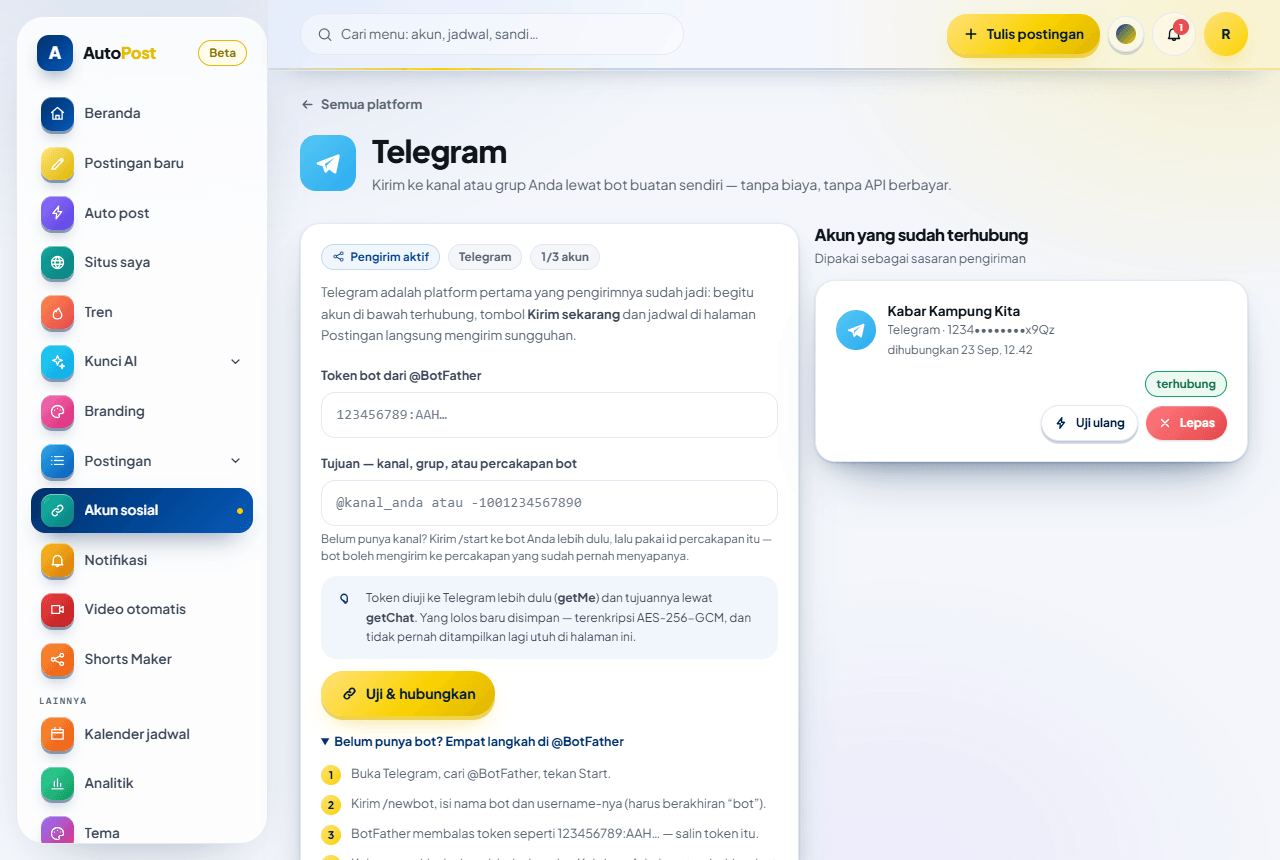 Halaman Telegram: formulir di kiri, daftar akun yang sudah terhubung di kanan.