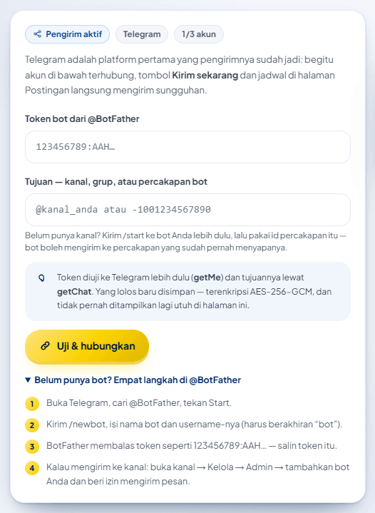 Formulir kosong: kolom "Token bot dari @BotFather", kolom "Tujuan — kanal, grup, atau percakapan bot", tombol "Uji & hubungkan", dan bagian lipat "Belum punya bot? Empat langkah di @BotFather".
