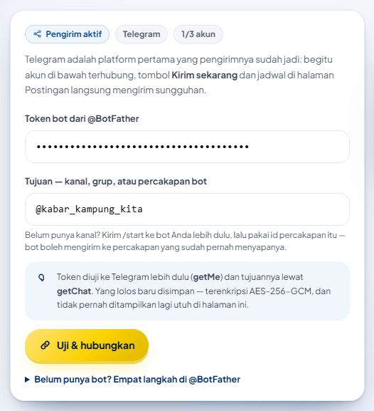 Formulir terisi: token tampil sebagai titik-titik, tujuan @kabar_kampung_kita.