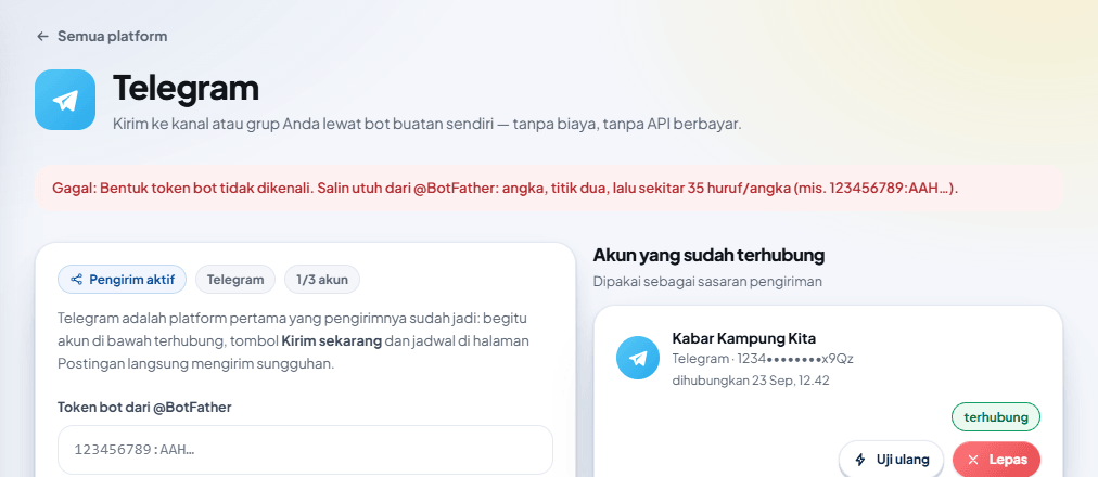 Contoh pesan merah "Gagal: Bentuk token bot tidak dikenali…".