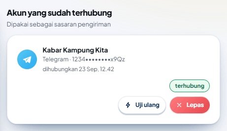 Kartu akun: nama kanal, "Telegram · 1234••••••••x9Qz" (token disamarkan), waktu dihubungkan, pil "terhubung", tombol Uji ulang dan Lepas.