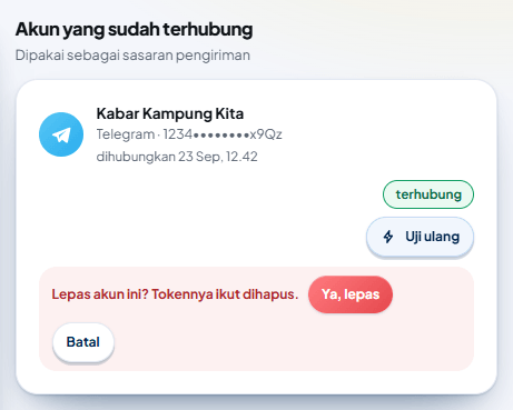 Konfirmasi dua langkah: "Lepas akun ini? Tokennya ikut dihapus." dengan tombol Ya, lepas dan Batal.