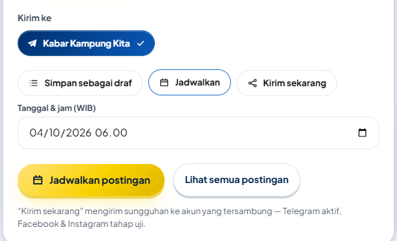 Mode Jadwalkan: kolom "Tanggal & jam (WIB)" dan tombol "Jadwalkan postingan".