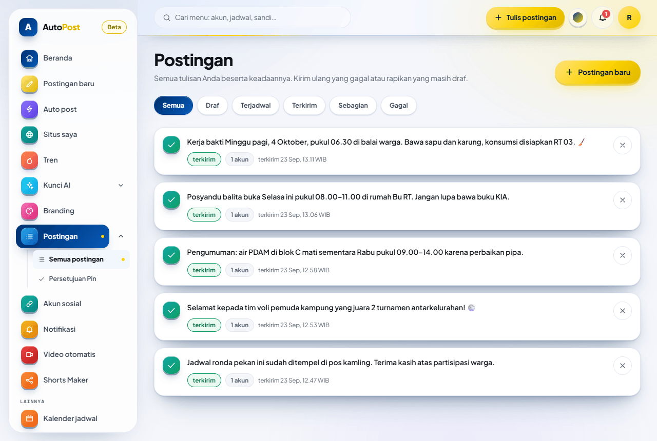 Halaman Postingan dengan tab status dan daftar postingan berstatus terkirim. Tab Dibatalkan ada di ujung kanan deretan tab dan belum tampak di gambar ini.