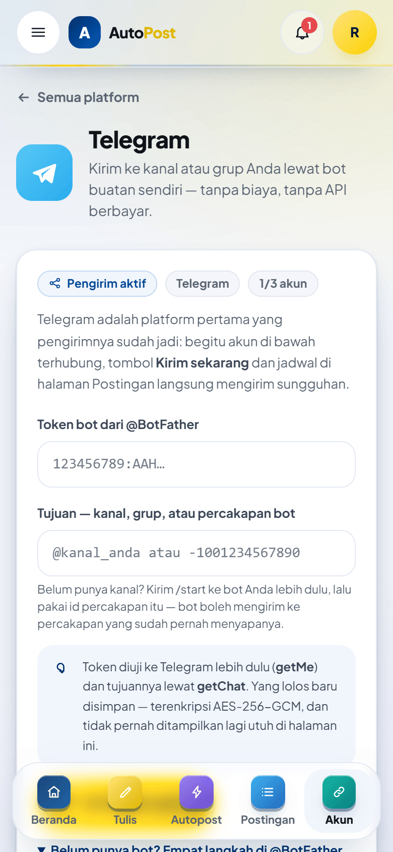Halaman Telegram di ponsel, bagian atas: judul dan formulir, dengan menu di bagian bawah layar.