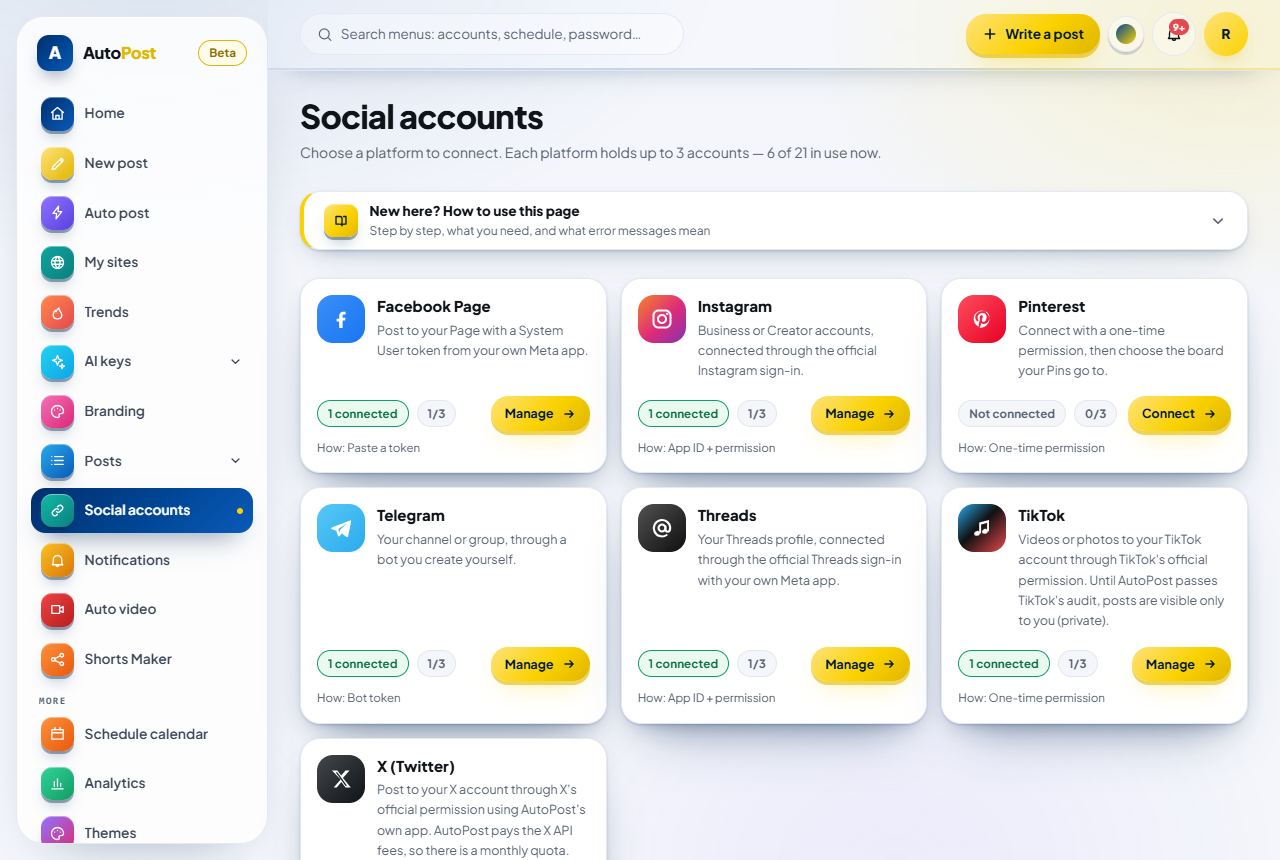 The Social accounts page. The Telegram card is among the other platform cards.