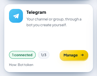 The Telegram card: connection status, accounts used "1/3", and the Manage button.