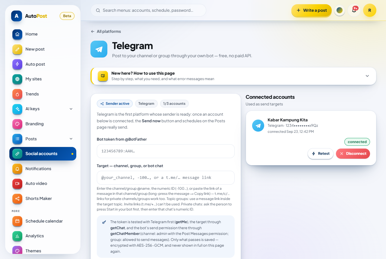The Telegram page: the form on the left, the list of connected accounts on the right.