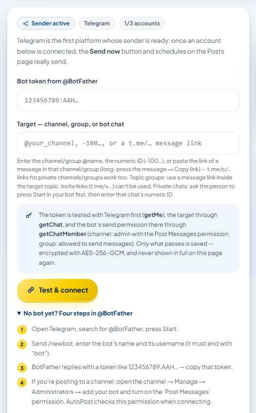 The empty form: the "Bot token from @BotFather" field, the "Target — channel, group, or bot chat" field, the "Test & connect" button, and the collapsible section "No bot yet? Four steps in @BotFather".