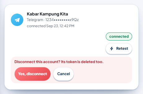 The two-step confirmation: "Disconnect this account? Its token is deleted too." with the Yes, disconnect and Cancel buttons.