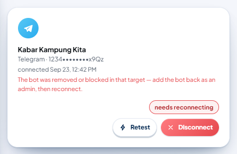 An example account with the "needs reconnecting" status and the red text "The bot was removed or blocked in that target — add the bot back as an admin, then reconnect."