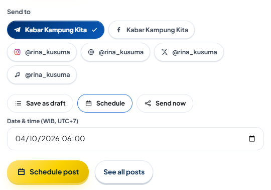Schedule mode: the "Date & time (WIB, UTC+7)" field and the "Schedule post" button.
