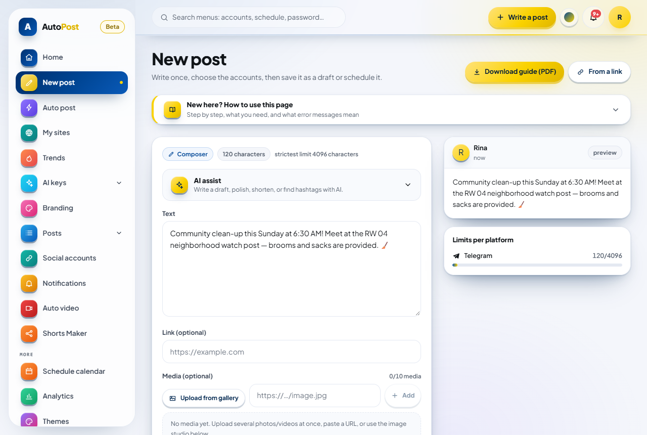 The full New post page: the character counter, the Text and Link fields, the Media (optional) section with Upload from gallery and Add from a URL, the preview, and the limits per platform. Only the Telegram account is checked, so the strictest limit is 4096 characters.