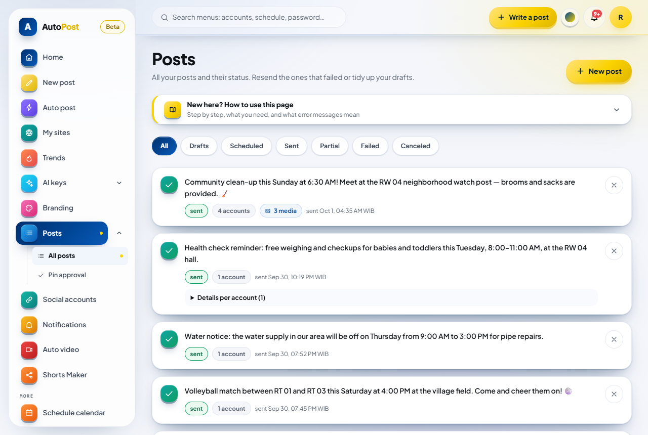 The Posts page with the status tabs and a list of posts with the sent status. The Canceled tab is at the far right of the tab row and isn't visible in this image yet.