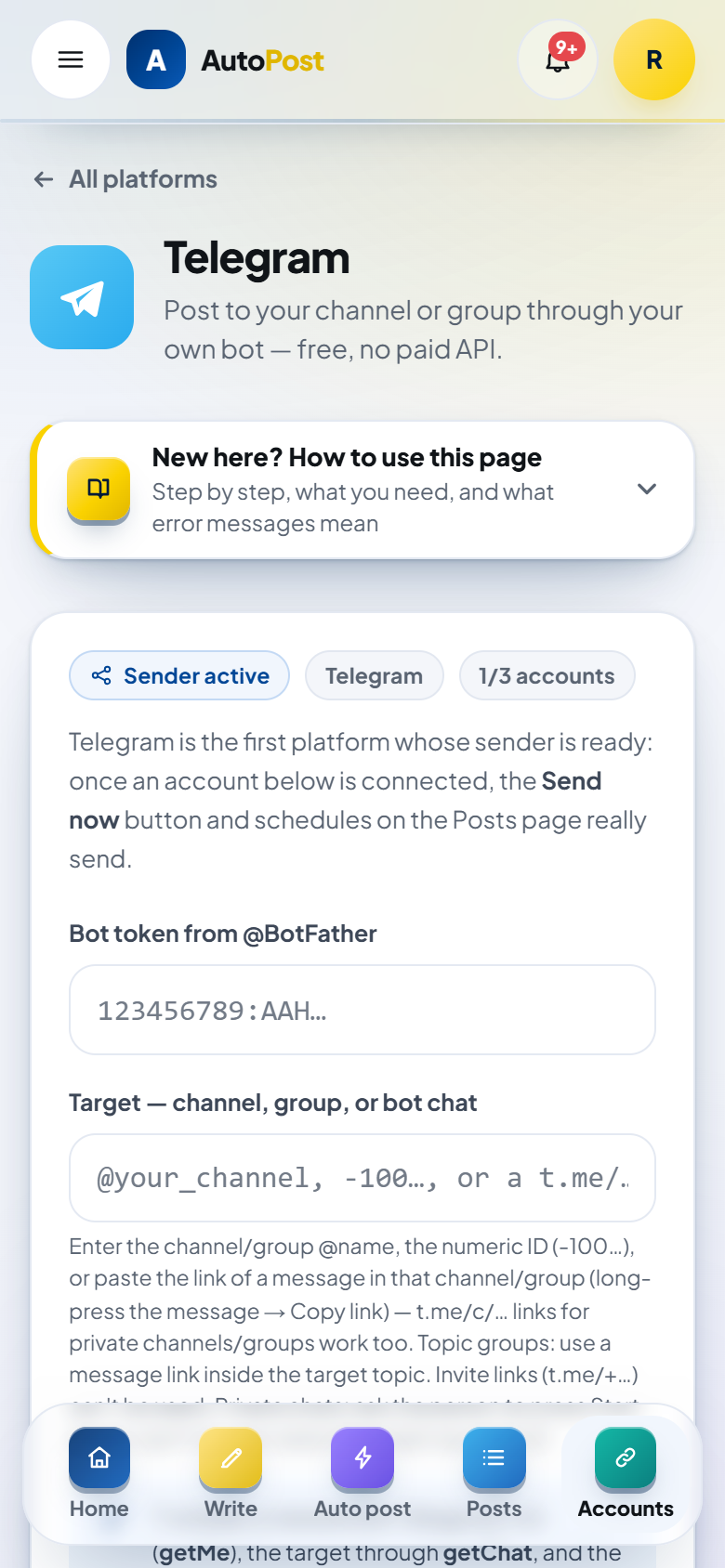 The Telegram page on a phone, top part: the title and the form, with the menu at the bottom of the screen.