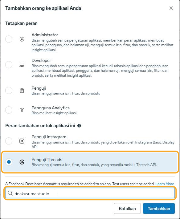 The window for adding people to your app: the "Threads Tester" option in the additional roles section is selected (correct), and the search field contains an Instagram name instead of the Threads name (wrong) — both are highlighted.