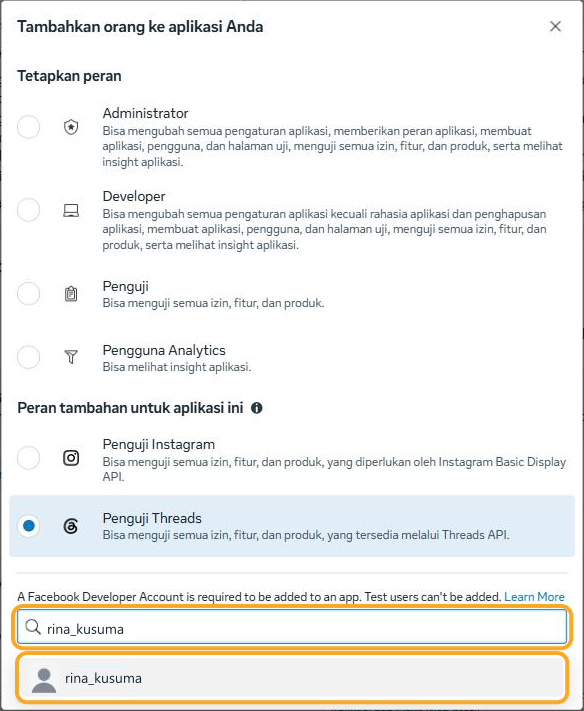 The correct Threads username has been typed, and the Threads account suggestion appears below the field (highlighted).