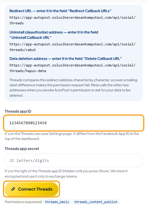 The form on AutoPost's Threads page below the box with the three addresses: the "Threads app ID" field holds the sample number 1234567890123456; that field and the gold "Connect Threads" button are highlighted; the "Threads app secret" field is still empty (deliberately not captured filled in). Below it: "Permissions requested: threads_basic, threads_content_publish."