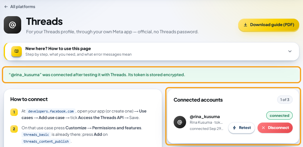AutoPost's Threads page after returning from Threads: the green box "“@rina_kusuma” was connected after testing it with Threads. Its token is stored encrypted." and the Connected accounts card, which now lists @rina_kusuma — both highlighted.