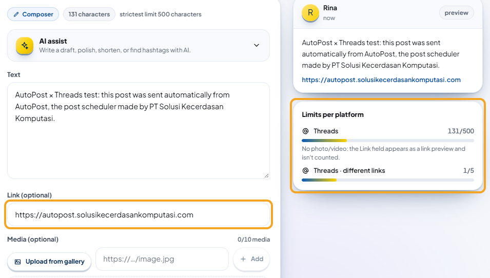New post with test text (the preview card on the right uses your AutoPost account name, not your Threads name): the "Link (optional)" field and the "Limits per platform" card are highlighted — the "Threads" row with its x/500 count and the note "No photo/video: the Link field appears as a link preview and isn't counted.", and the "Threads · different links 1/5" row.