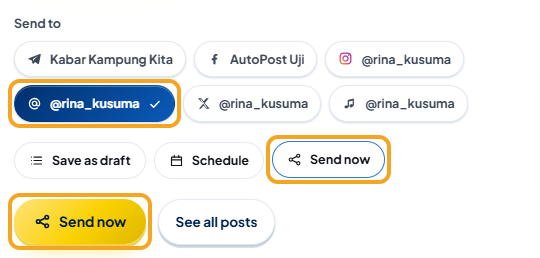 The Send to section: only the @rina_kusuma account button is selected (checked); the "Send now" option and the gold "Send now" button — all three highlighted.