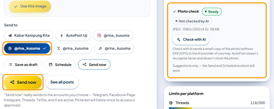 New post with an image attached: the Photo check card labeled "Ready" (JPEG · 1080×1350 (4:5) · 58 KB) with the note "Suggestions only — the Send and Schedule buttons still work.", the selected @rina_kusuma account button under Send to, and the gold Send now button — all three highlighted; at the bottom right, the Threads row with its x/500 count.