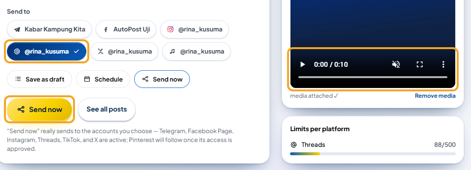 New post with an MP4 video: the preview player showing a 0:10 duration, the selected @rina_kusuma account button under Send to, and the gold Send now button highlighted; the Threads row with its x/500 count.