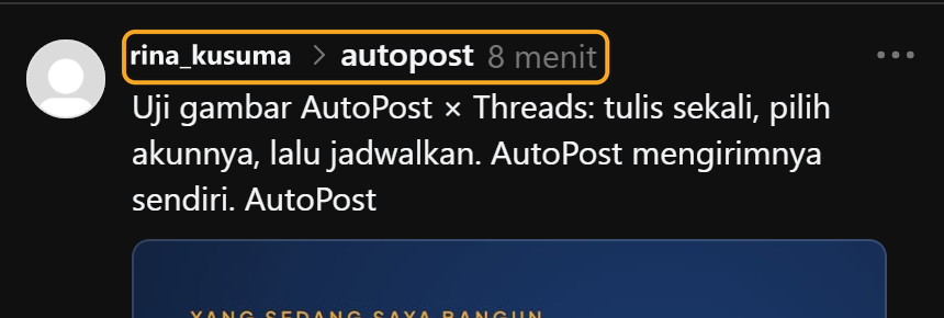 An image post on a Threads profile: next to your Threads username, the topic label appears — the hashtag word in lowercase (highlighted); the text ends with the word "AutoPost" without the # sign.
