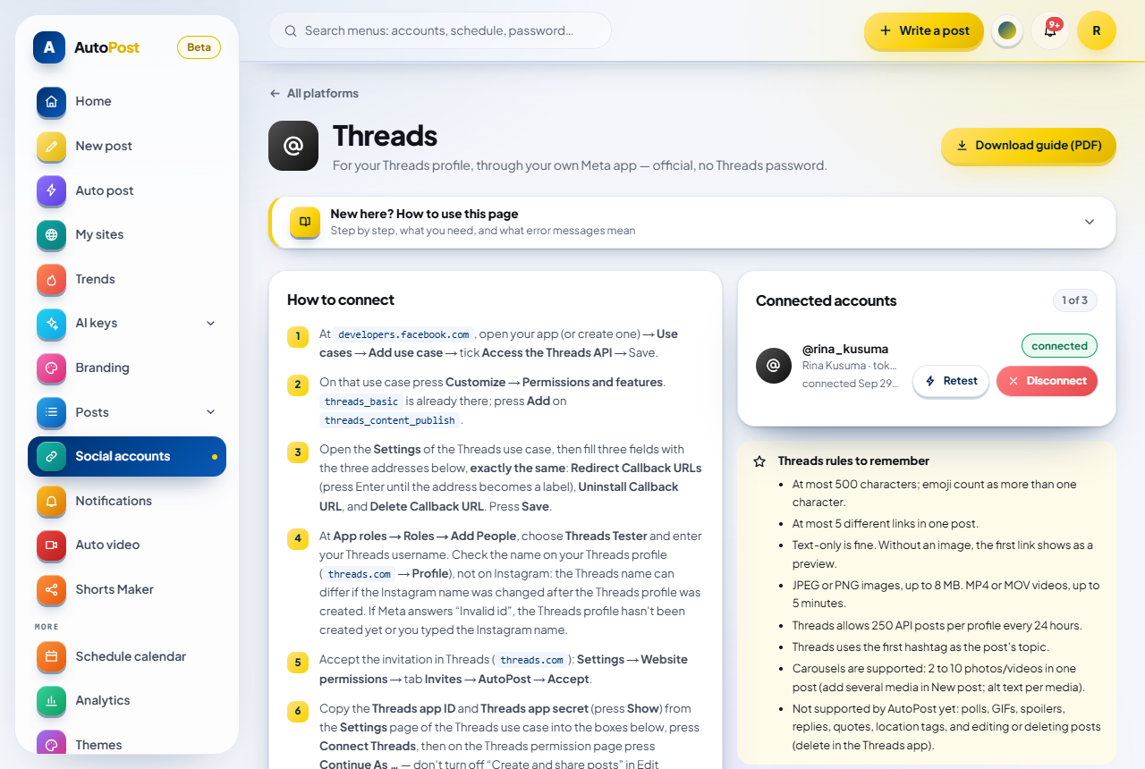 Overview of the Threads page in AutoPost (the details are covered in the next steps): the page header, the "New here? How to use this page" box, the "How to connect" card with numbered steps, and the "Connected accounts" and "Threads rules to remember" cards on the right.