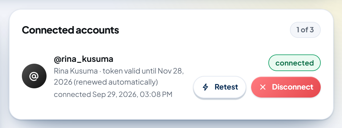 The "Connected accounts" card (1 of 3): the Threads icon, @rina_kusuma, "Rina Kusuma · token valid until Nov 28, 2026 (renewed automatically)", the time it was connected, the green "connected" label, the Retest button, and the red Disconnect button.