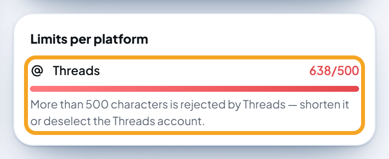 The Limits per platform card (only @rina_kusuma selected, long text without emoji): the Threads row in red, over 500, with the note "More than 500 characters is rejected by Threads — shorten it or deselect the Threads account." (highlighted).