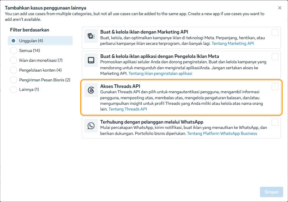 Jendela "Tambahkan kasus penggunaan lainnya" di dasbor Meta (filter Unggulan): kartu "Akses Threads API" disorot.