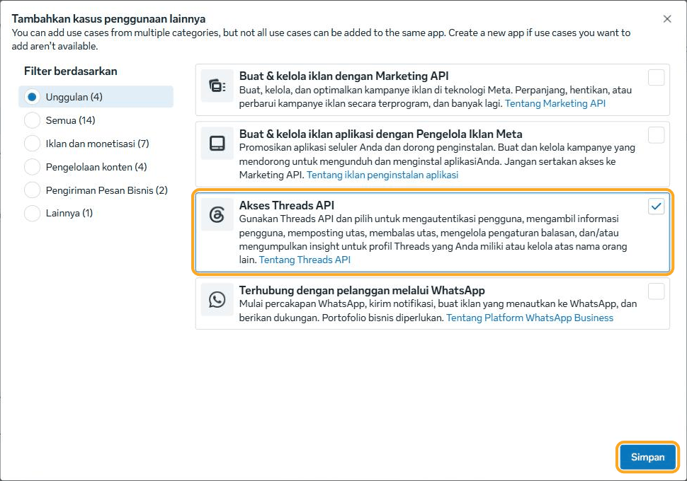 Kotak "Akses Threads API" sudah tercentang, dan tombol Simpan disorot.