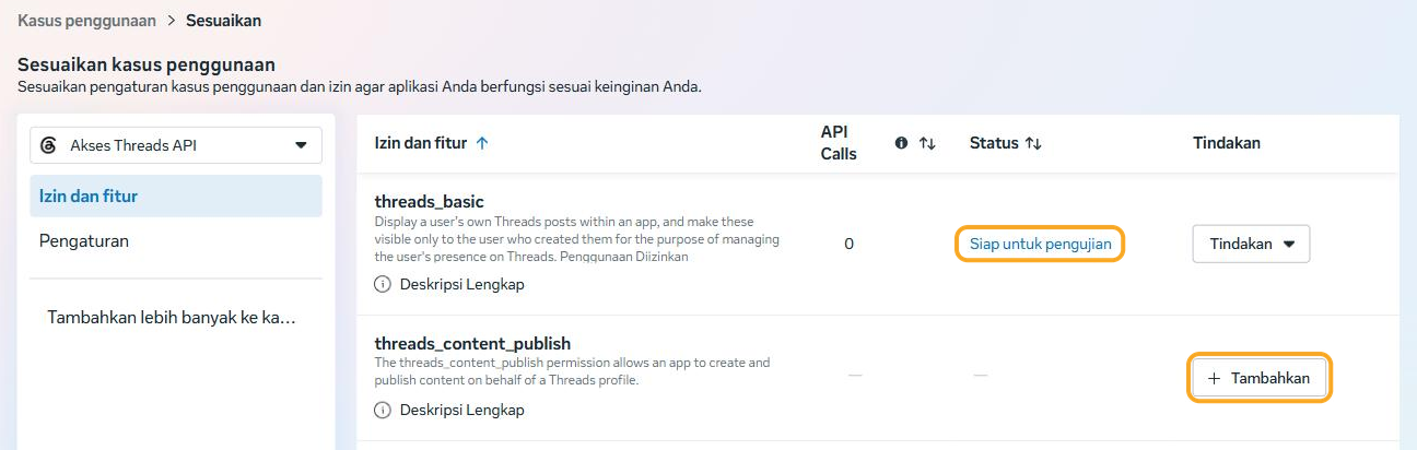 Halaman Izin dan fitur kasus Threads: threads_basic sudah bertanda Siap untuk pengujian, dan tombol Tambahkan pada baris threads_content_publish disorot.
