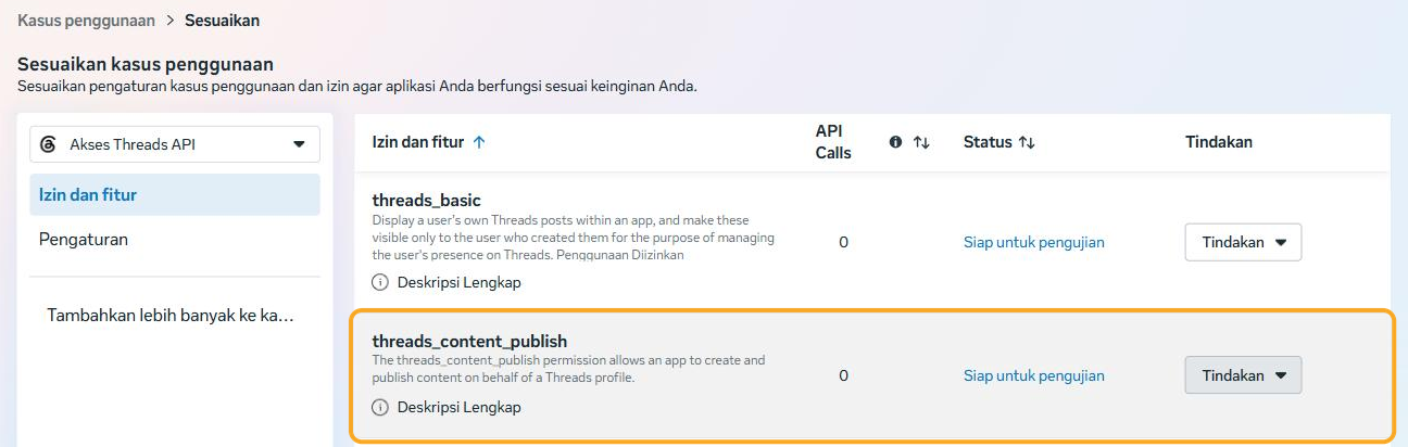 Baris threads_content_publish (disorot) kini bertanda "Siap untuk pengujian".
