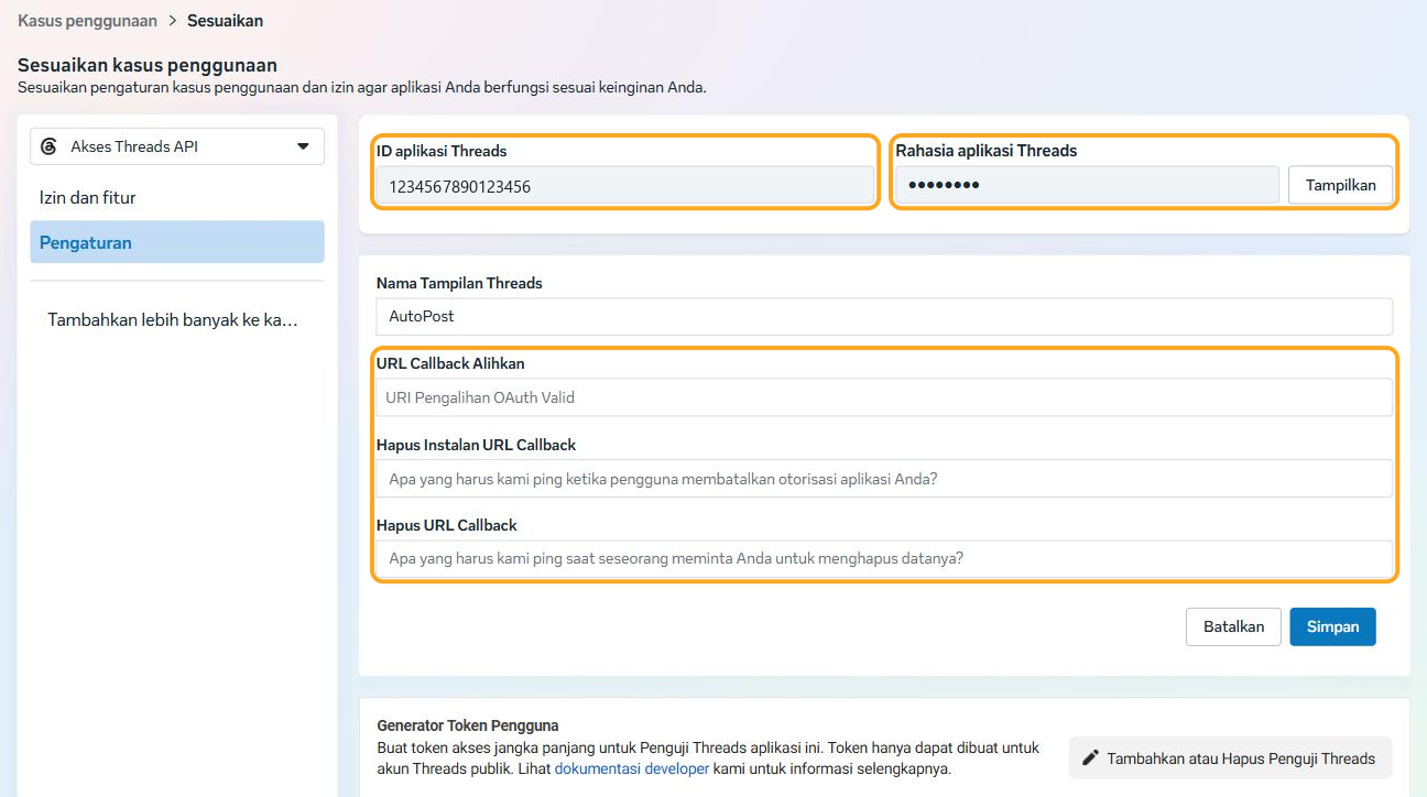 Halaman Pengaturan kasus Threads: ID aplikasi Threads (nilai disamarkan), Rahasia aplikasi Threads yang tersembunyi dengan tombol Tampilkan, dan kolom-kolom alamat yang masih kosong disorot.