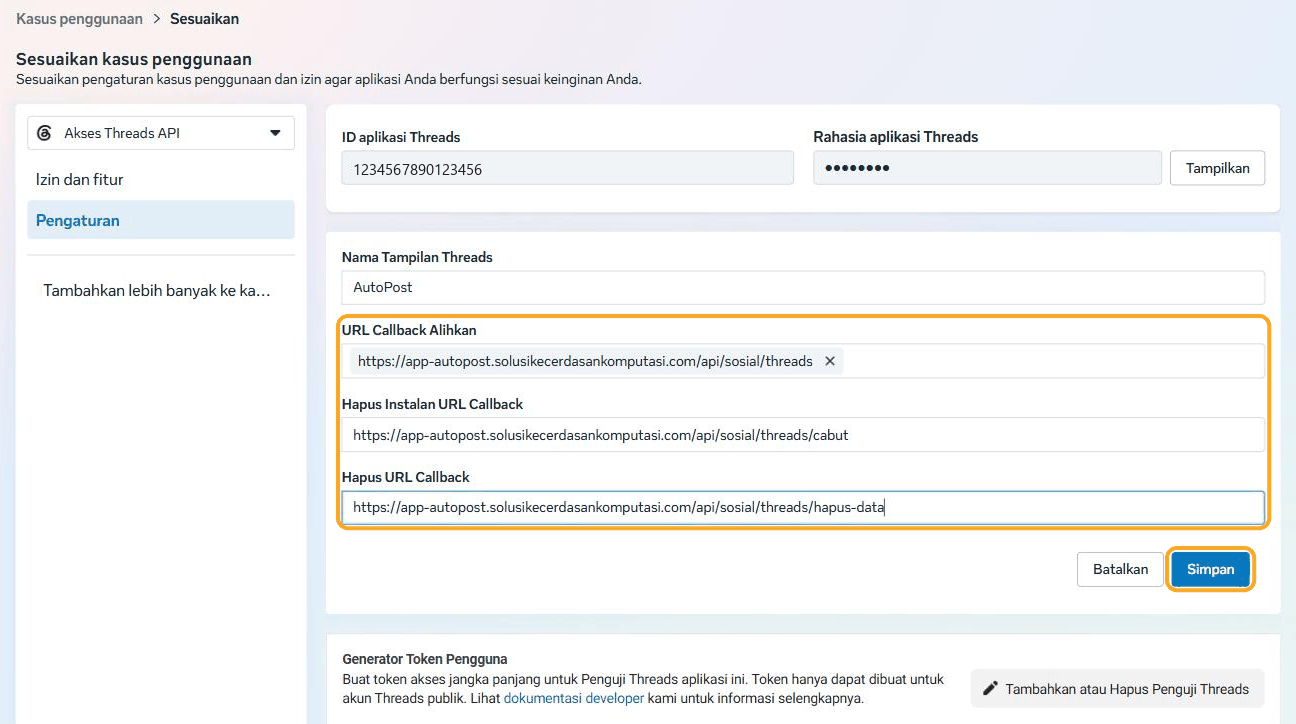 Pengaturan kasus Threads dengan tiga alamat AutoPost terisi — alamat kembali sudah menjadi label di URL Callback Alihkan — dan tombol Simpan disorot.